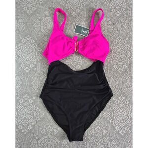 Eomenie Womens Hot Pink Black Colorblock Cutout Ruched One Piece Swimsuit M NEW